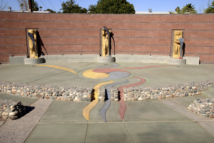 Photograph of the Sources of Play figures and stage at the North Tempe Multi-Generational Center