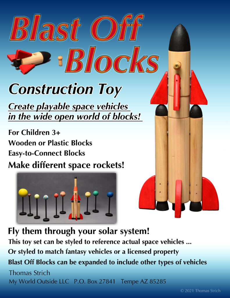 Blast Off Blocks, wooden toy blocks for toddlers. This information sheet shows wooden toy block space rocket and planets.