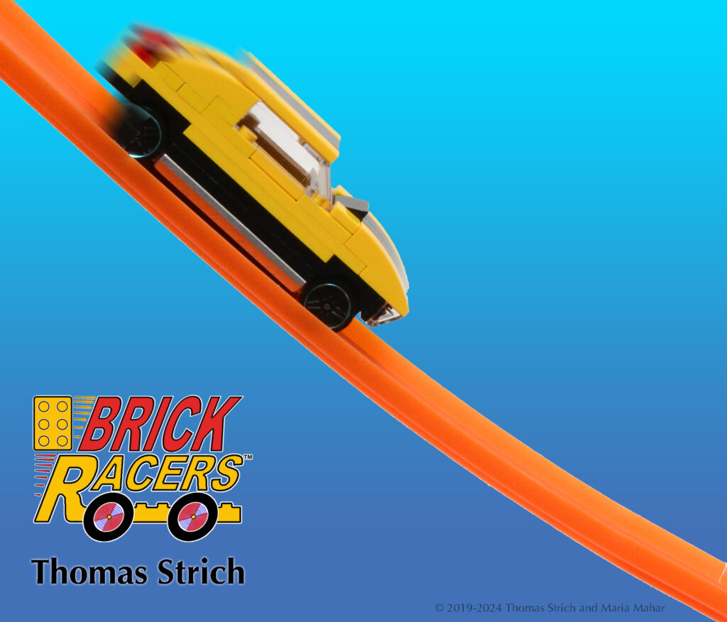 Image of Brick Racer yellow car on 1/64 scale orange track with Brick Racer logo. An action toy vehicle designed by Thomas Strich.